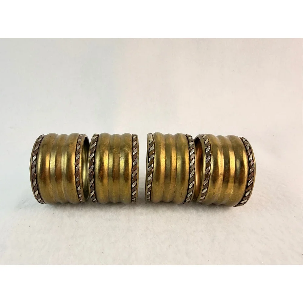 Vintage Brass Napkin Rings Set 4 Ribbed Rope Trim Gold Silver Tone‎ Mid Century